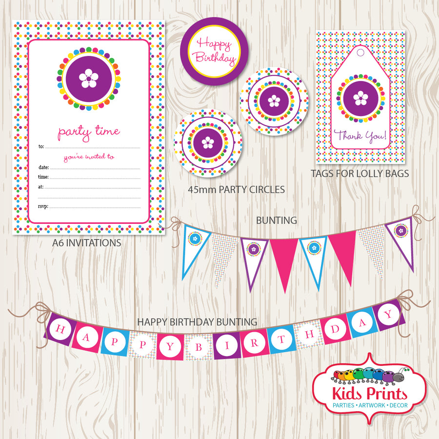 Coloured Dots Party | Printable Stationery - Kids Prints Online