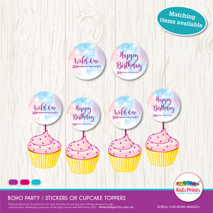 Boho | Circle Cupcake Toppers - Stickers | Party Printables - Kids Prints