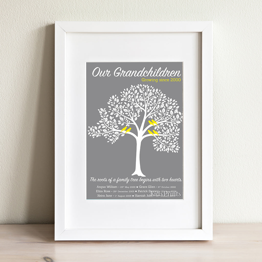 Family Tree Print - Grey & Yellow - Kids Prints Online