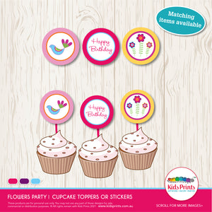 Flowers Party | Circle Cupcake toppers | Stickers - Kids Prints Online
