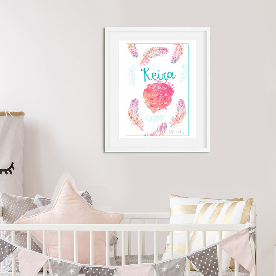 Pink Feathers Personalised Print - Kids Prints Online